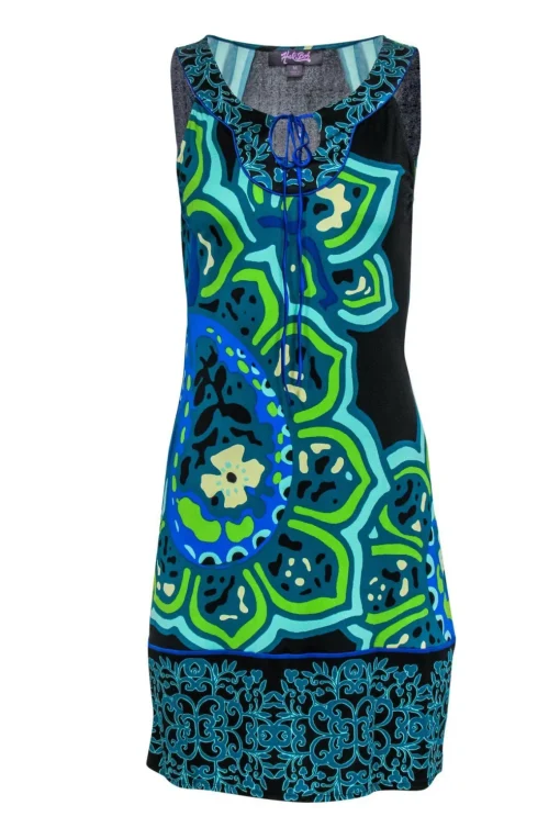 Hale Bob - Green, Blue & Black Printed Sleeveless Silk Shift Dress Sz M