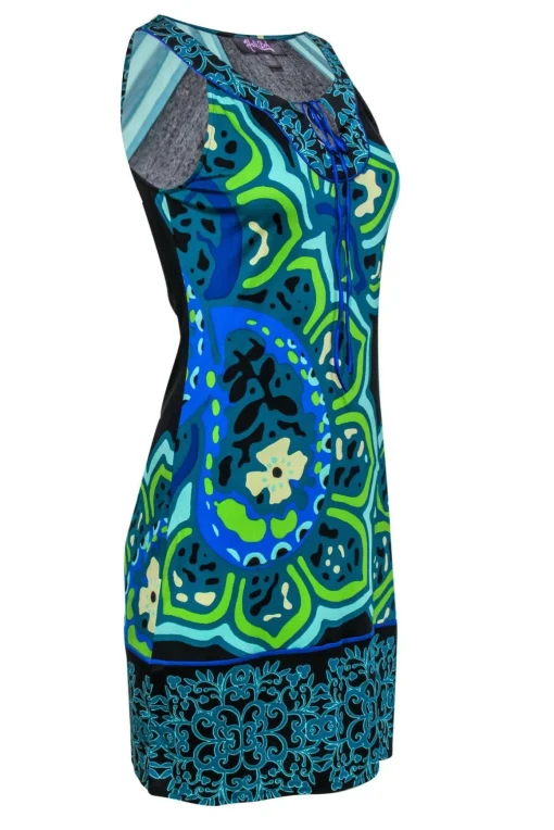 Hale Bob - Green, Blue & Black Printed Sleeveless Silk Shift Dress Sz M