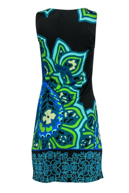 Hale Bob - Green, Blue & Black Printed Sleeveless Silk Shift Dress Sz M