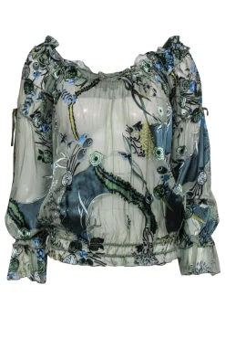 Hale Bob - Sage Green Sheer Floral Blouse w/ Sequins & Ruffles Sz S