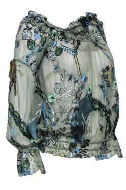 Hale Bob - Sage Green Sheer Floral Blouse w/ Sequins & Ruffles Sz S