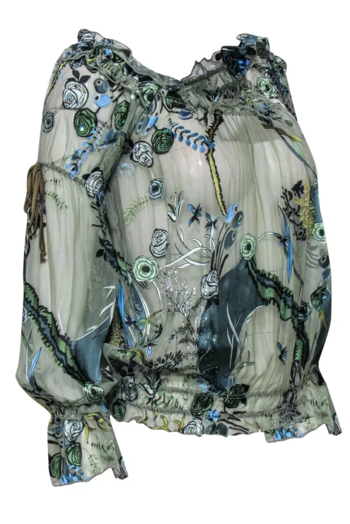 Hale Bob - Sage Green Sheer Floral Blouse w/ Sequins & Ruffles Sz S