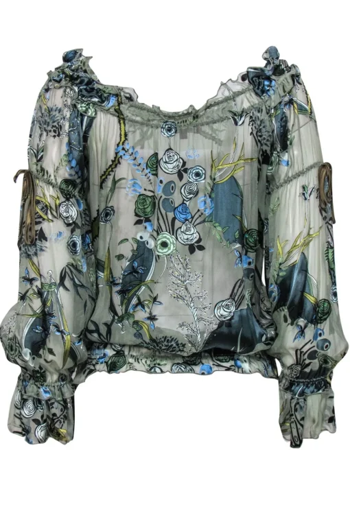 Hale Bob - Sage Green Sheer Floral Blouse w/ Sequins & Ruffles Sz S