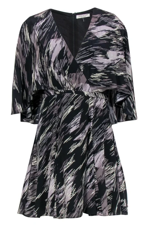 Halston Heritage - Black & Gray Swirled Printed Flutter Sleeve Dress Sz 6
