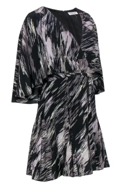 Halston Heritage - Black & Gray Swirled Printed Flutter Sleeve Dress Sz 6