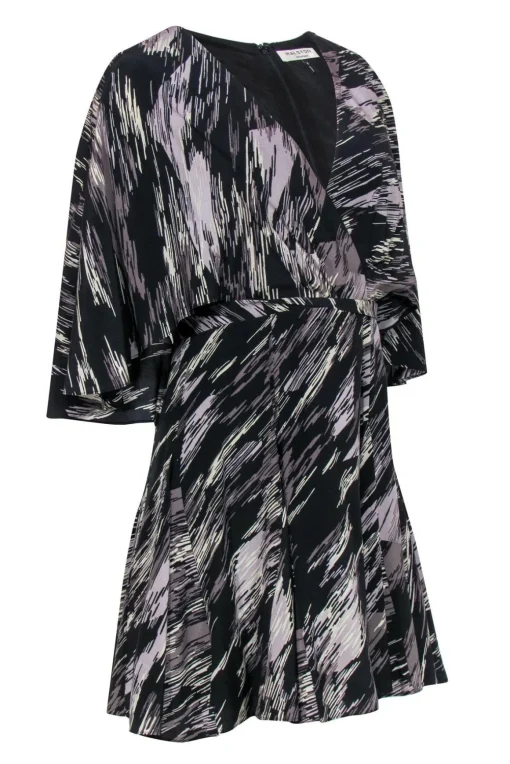 Halston Heritage - Black & Gray Swirled Printed Flutter Sleeve Dress Sz 6