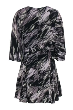 Halston Heritage - Black & Gray Swirled Printed Flutter Sleeve Dress Sz 6