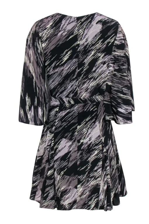 Halston Heritage - Black & Gray Swirled Printed Flutter Sleeve Dress Sz 6