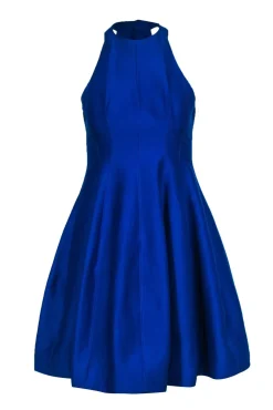 Halston Heritage - Cobalt Blue Cotton & Silk Blend High Neck Fit & Flare Dress Sz 0