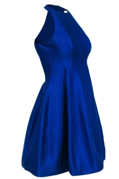Halston Heritage - Cobalt Blue Cotton & Silk Blend High Neck Fit & Flare Dress Sz 0