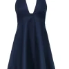 Halston Heritage - Navy Cotton A-Line Halter Plunge Dress Sz 4