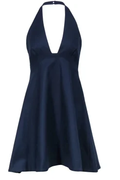 Halston Heritage - Navy Cotton A-Line Halter Plunge Dress Sz 4