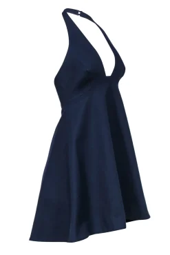 Halston Heritage - Navy Cotton A-Line Halter Plunge Dress Sz 4
