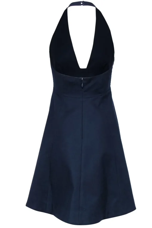 Halston Heritage - Navy Cotton A-Line Halter Plunge Dress Sz 4