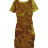 Halston Heritage - Yellow & Orange Patterned Ruched Dress Sz 0