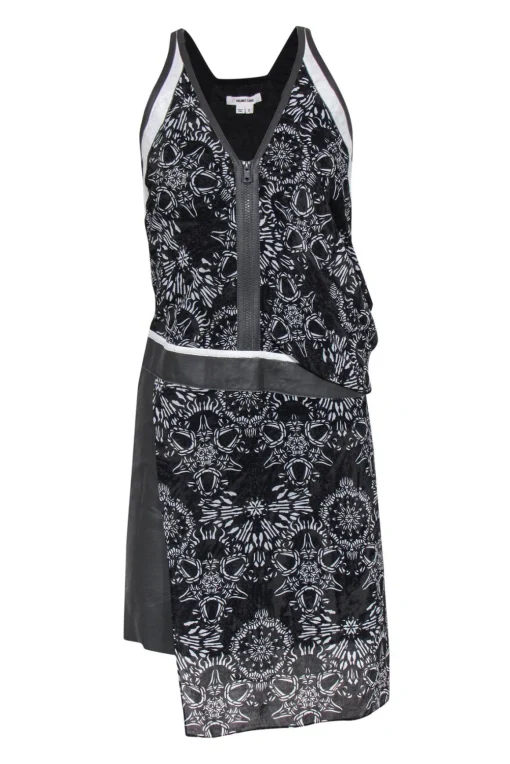 Helmut Lang - Black & White Patterned Sheath Dress w/ Leather Sz 2