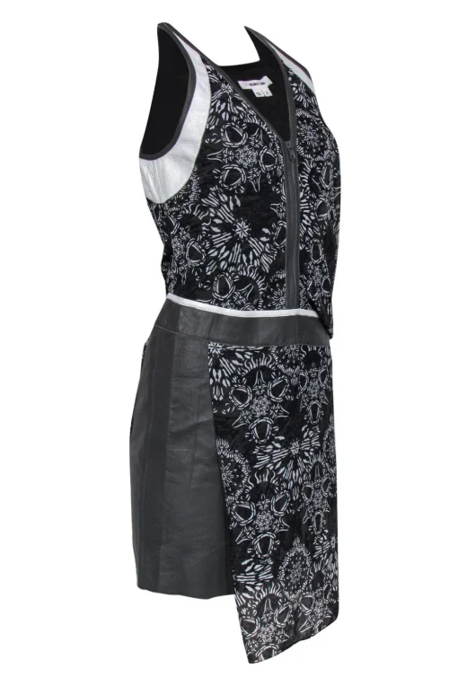 Helmut Lang - Black & White Patterned Sheath Dress w/ Leather Sz 2