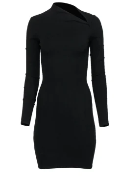 Helmut Lang - Black Long Sleeve Bodycon Dress w/ Asymmetric Neckline Sz 0