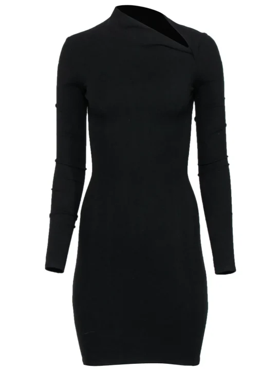 Helmut Lang - Black Long Sleeve Bodycon Dress w/ Asymmetric Neckline Sz 0