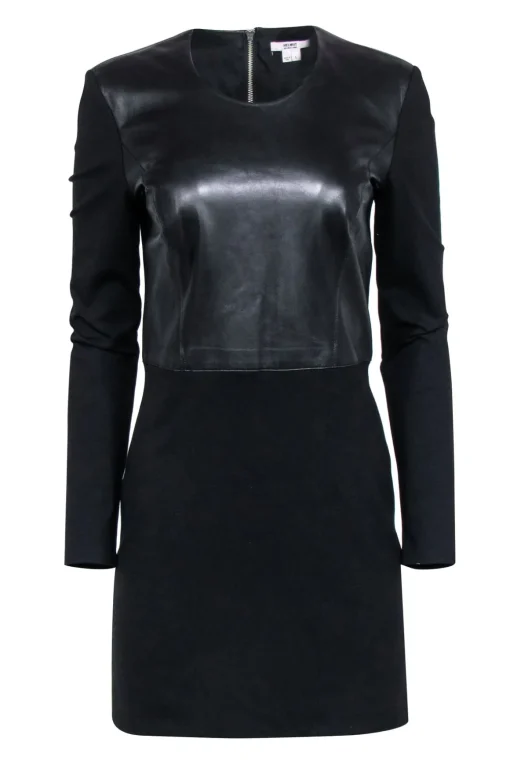 Helmut Lang - Black Long Sleeve Leather Detail Dress Sz L
