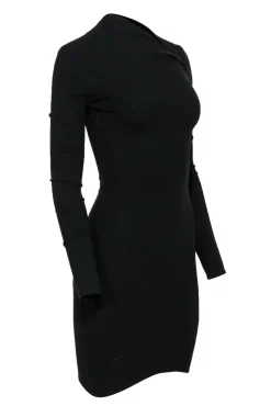 Helmut Lang - Black Long Sleeve Bodycon Dress w/ Asymmetric Neckline Sz 0