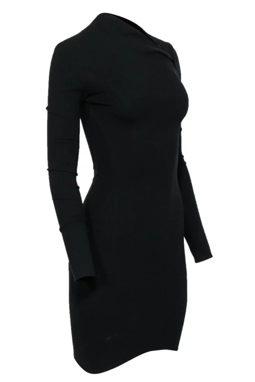 Helmut Lang - Black Long Sleeve Bodycon Dress w/ Asymmetric Neckline Sz 0
