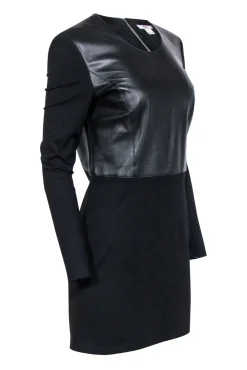 Helmut Lang - Black Long Sleeve Leather Detail Dress Sz L