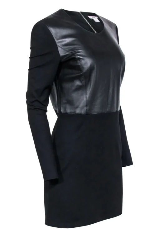 Helmut Lang - Black Long Sleeve Leather Detail Dress Sz L