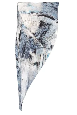 Helmut Lang - Blue & Grey Tie-Dye Print Asymmetrical Ruched Skirt Sz M