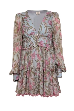 Hemant & Nandita - Light Blue & Pink Floral Print Ruffled Mini Dress Sz M