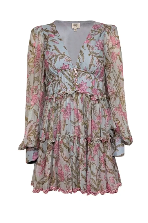 Hemant & Nandita - Light Blue & Pink Floral Print Ruffled Mini Dress Sz M