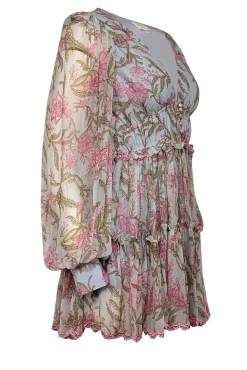 Hemant & Nandita - Light Blue & Pink Floral Print Ruffled Mini Dress Sz M