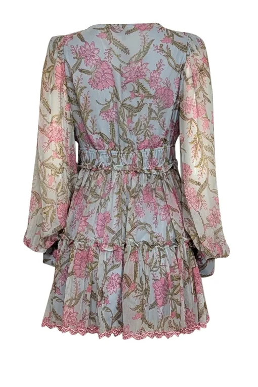 Hemant & Nandita - Light Blue & Pink Floral Print Ruffled Mini Dress Sz M