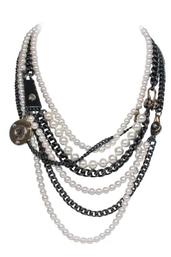 Henri Bendel - Pewter Chain Layered Necklace w/ Faux Pearls & Lock Embellishment