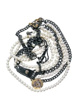 Henri Bendel - Pewter Chain Layered Necklace w/ Faux Pearls & Lock Embellishment