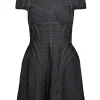 Herve Leger - Black Cap Sleeve Bandage Textured Fit & Flare Dress Sz M