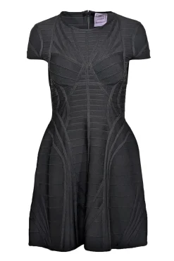 Herve Leger - Black Cap Sleeve Bandage Textured Fit & Flare Dress Sz M