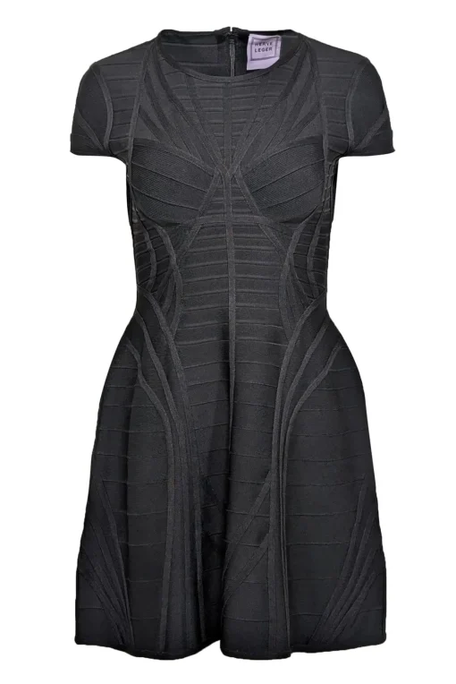 Herve Leger - Black Cap Sleeve Bandage Textured Fit & Flare Dress Sz M