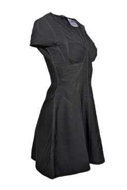 Herve Leger - Black Cap Sleeve Bandage Textured Fit & Flare Dress Sz M