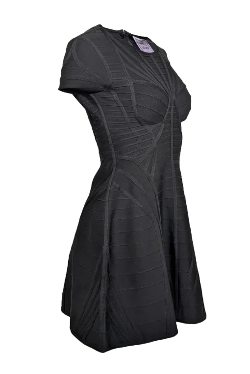 Herve Leger - Black Cap Sleeve Bandage Textured Fit & Flare Dress Sz M