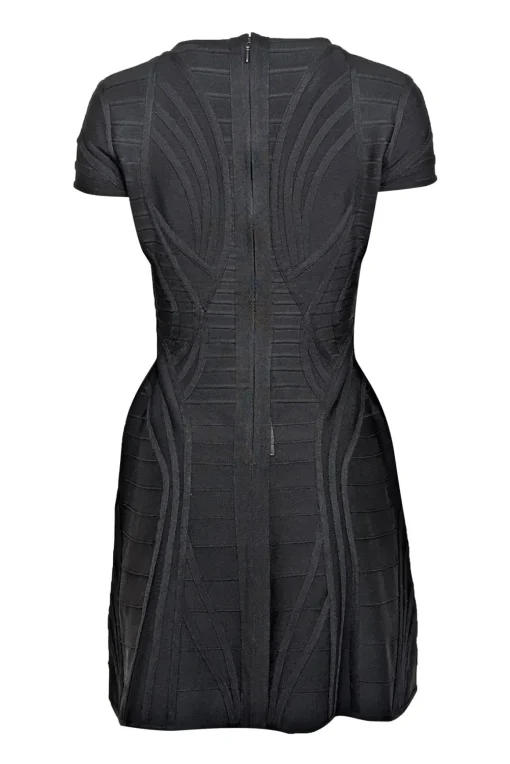 Herve Leger - Black Cap Sleeve Bandage Textured Fit & Flare Dress Sz M