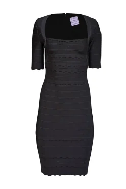 Herve Leger - Black Short Sleeve Bandage Dress w/ Scalloped Trim Sz S