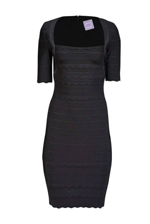 Herve Leger - Black Short Sleeve Bandage Dress w/ Scalloped Trim Sz S