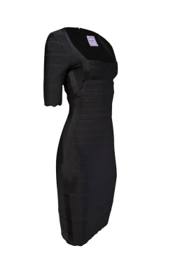 Herve Leger - Black Short Sleeve Bandage Dress w/ Scalloped Trim Sz S