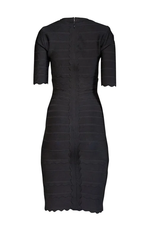 Herve Leger - Black Short Sleeve Bandage Dress w/ Scalloped Trim Sz S