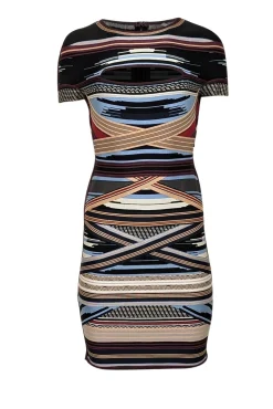 Herve Leger - Black w/ Multicolor Striped Peekaboo Bandage Dress Sz L