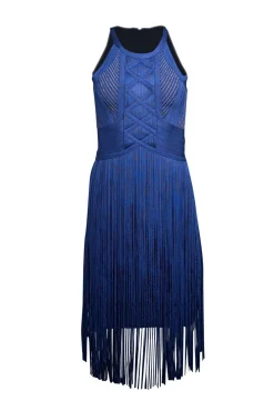Herve Leger - Blue Chevron Knit Bodycon Dress w/ Fringe Trim Sz M