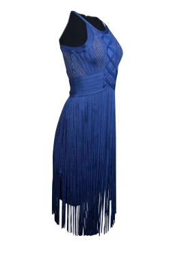 Herve Leger - Blue Chevron Knit Bodycon Dress w/ Fringe Trim Sz M