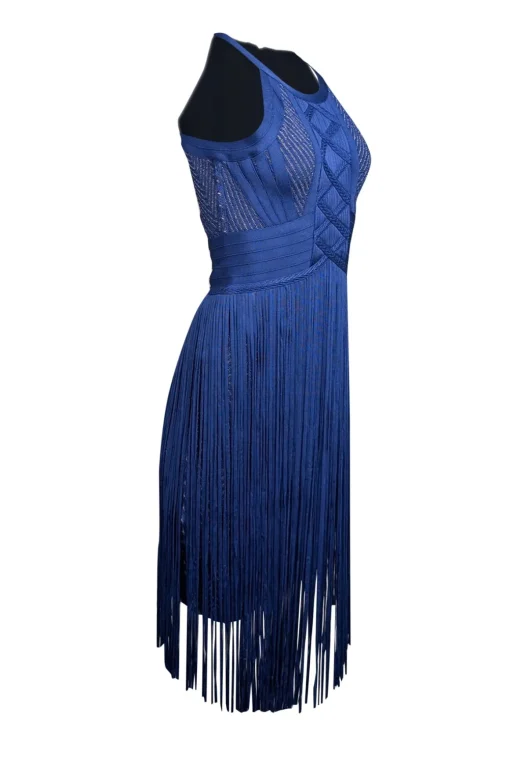 Herve Leger - Blue Chevron Knit Bodycon Dress w/ Fringe Trim Sz M