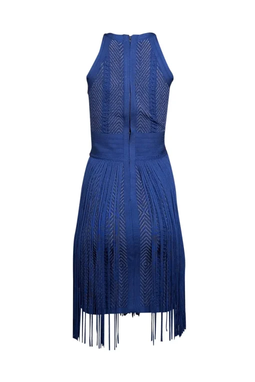 Herve Leger - Blue Chevron Knit Bodycon Dress w/ Fringe Trim Sz M